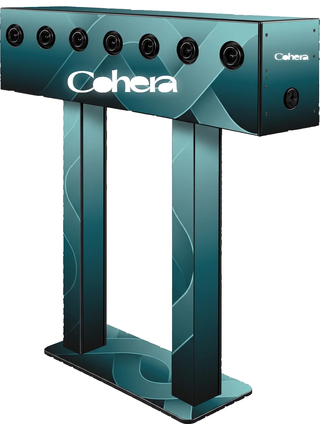 Array multi-camera gantry with seven camera lenses across the top beam, shown in a Cohera custom wrap