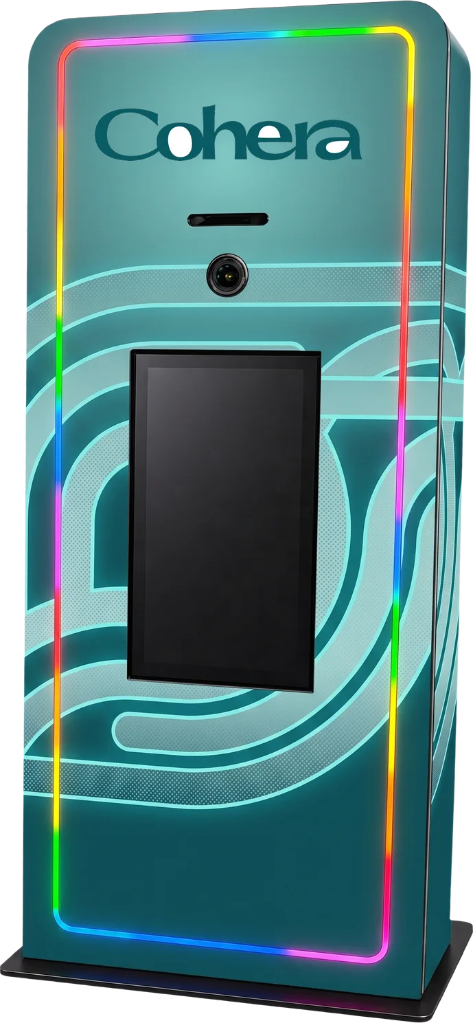 Elevated Kiosk with LED edge lighting, large touch screen, and integrated printer, shown in a Cohera custom wrap