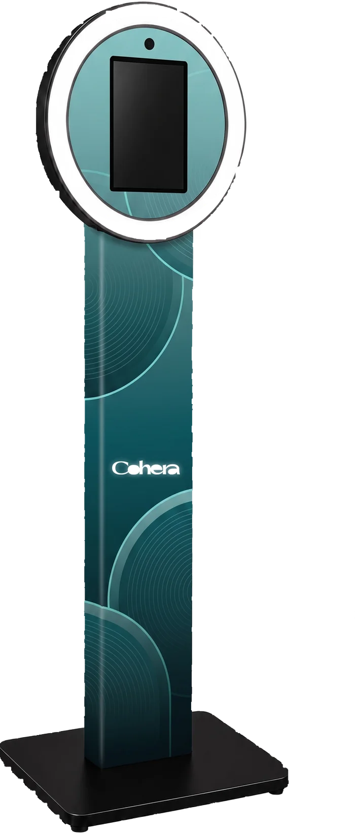 Selfie Station kiosk with halo ring light, shown in a Cohera custom wrap