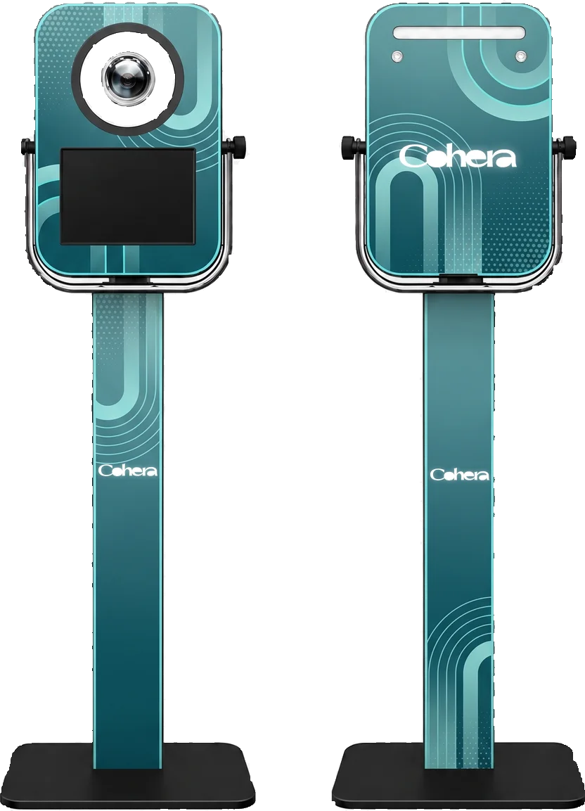 PRO booth, front and back, with adjustable tilting head unit, shown in a Cohera custom wrap