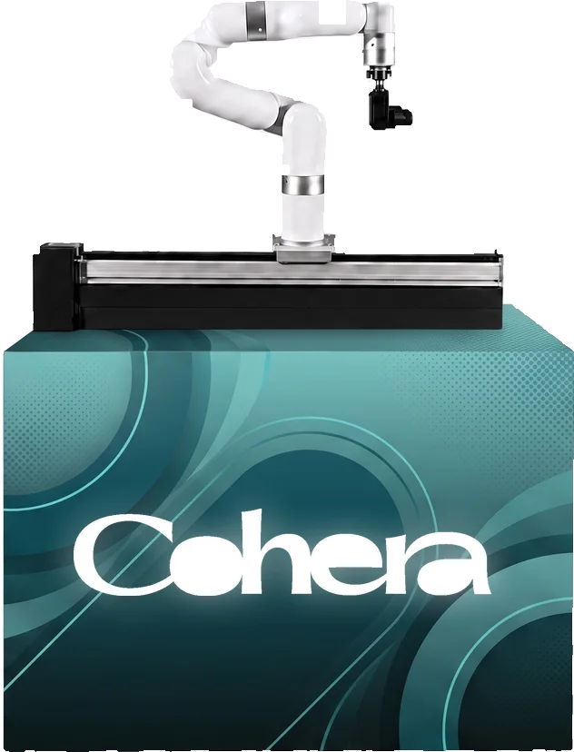 Robotic camera arm mounted on a rail atop a branded base cabinet, shown in a Cohera custom wrap